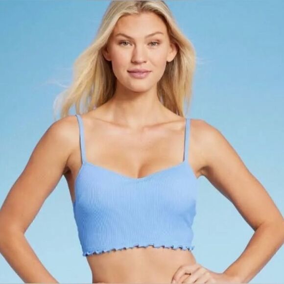 Shade & Shore Ruffle Ribbed Robin Blue Bikini Top NWT 36DD - Picture 1 of 5